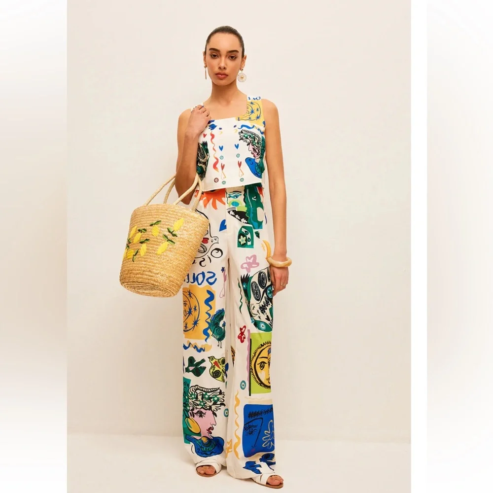 Graphic Print Crop Top With Wide-Leg Pants Set Size Medium NWT - Picture 3 of 7